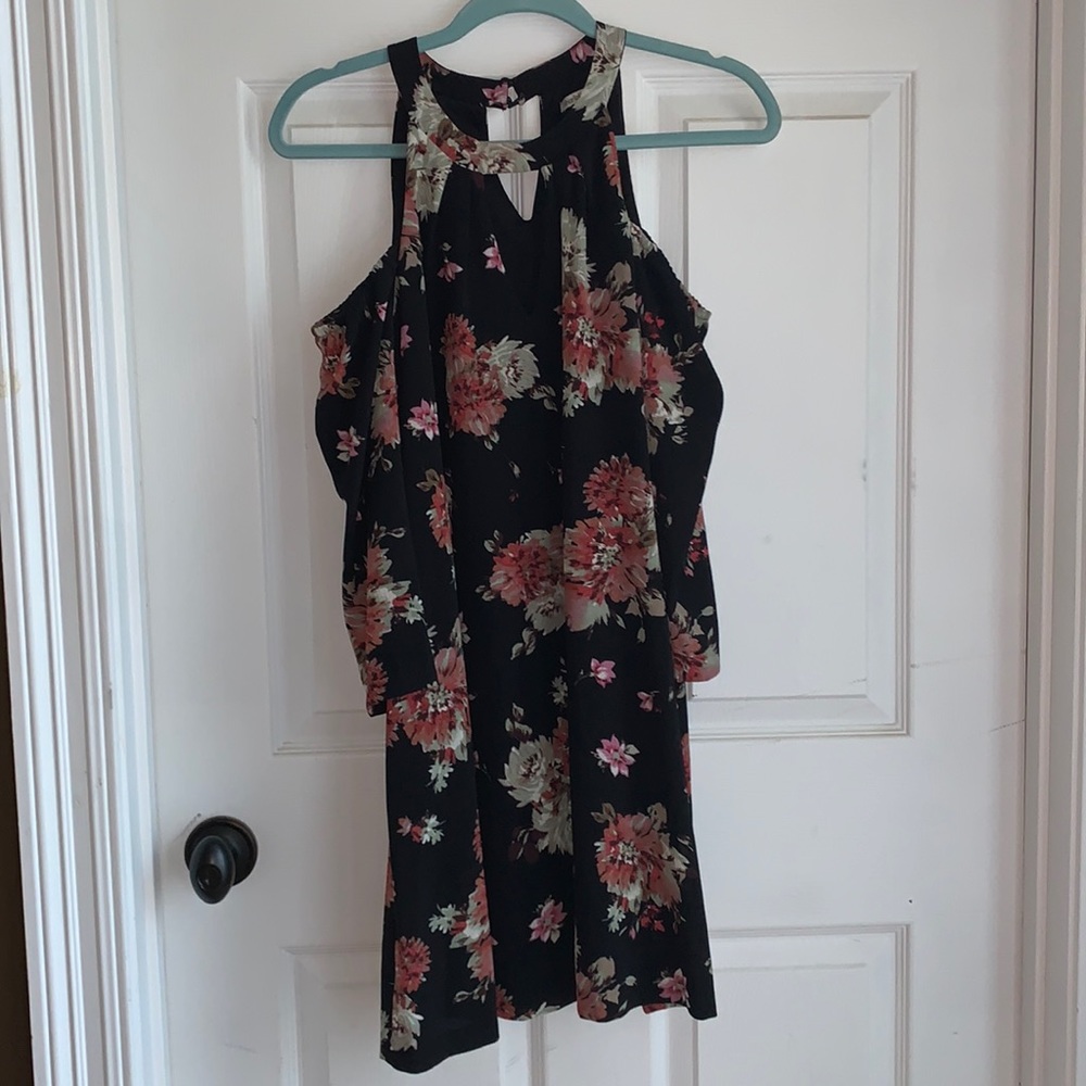 Charlotte Russe Black Floral Mini Dress with off the Shoulder Sleeves